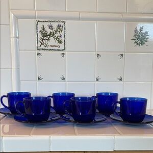 Cobalt Blue Glass Teacups with Saucers Set of 6